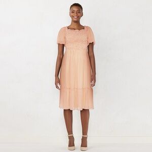 LC Lauren Conrad Smocked Puff Sleeve Midi Dress Peach Size M